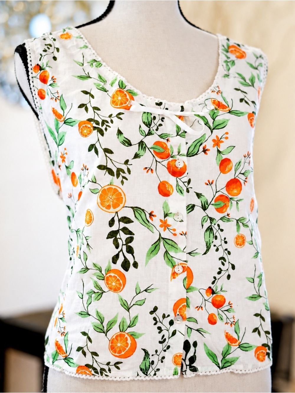 Joie Ivory Linen Blend Citrus Orange Botanical Tank Top Size XL NWT Boho